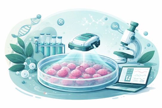 Metabolismusanalytik Eine dekorative Grafik die eine Zellkultuer in einer Petrischale zeigt. Sie ist umgeben von Laborgeräten. Über der Schale schwebt ein elektronisches gerät, von dem ein Lichtkegel auf die Zellkulturen strahlt.