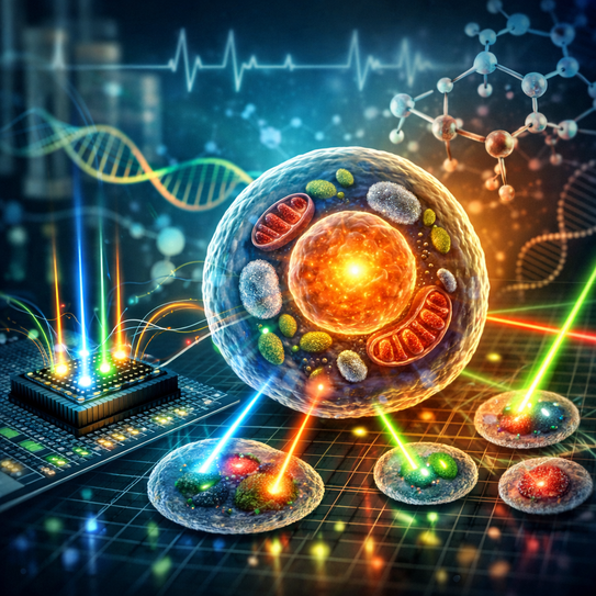 Eine dekorative Grafik die Zellen, Bakterien und ähnliches zusammen mit einem Microchip zeigt.