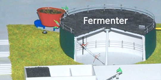 Ausschnitte aus einem Bauernhof mit Biogasanlage, Sensoren und Kontrollsystem.