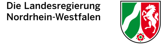Die Landesregierung Nordrhein-Westfalen. Daneben das Wappen des Bundeslandes NRW.