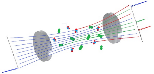 Zwischen zwei runden Spiegeln befinden sich verschiedenfarbige Moleküle. Durch Moleküle und Spiegel Strahlen mehrere Lichtstrahlen. Rechts neben dem Aufbau befindet sich die Darstellung eines Spektrums mit drei Maxima.