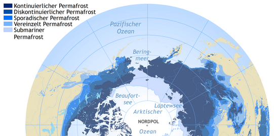 Eine Weltkarte mit blau eingezeichneten Permafrostböden.